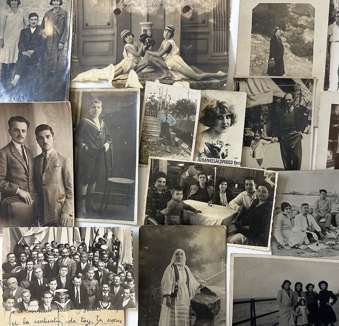 Collage von Fotos aus den 1920ern-1950ern aus Alexandria und Cairo. Collage von schwarz-weiß Fotos, die Menschen in verschiedenen Situationen abbilden.